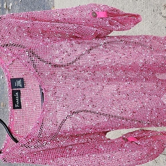 Frazzle Pink Tweed Scoop Neck Adjustable Sleeves Roll Tab Sz. L Top - Picture 2 of 6